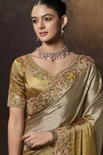 Gold embroidered viscose wedding saree with premium embroidered blouse fabric