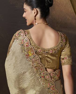Gold embroidered viscose wedding saree with premium embroidered blouse fabric 3