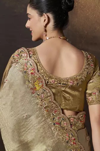 Gold embroidered viscose wedding saree with premium embroidered blouse fabric