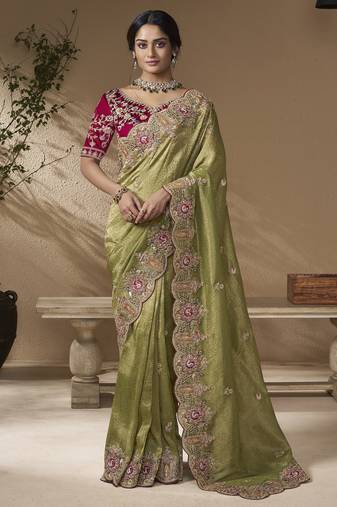Green embroidered viscose wedding saree with premium embroidered blouse fabric