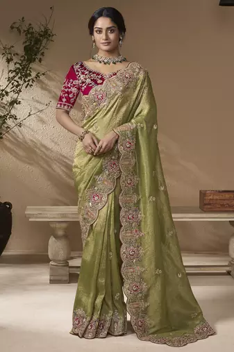 Green embroidered viscose wedding saree with premium embroidered blouse fabric