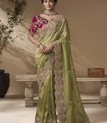 Green embroidered viscose wedding saree with premium embroidered blouse fabric