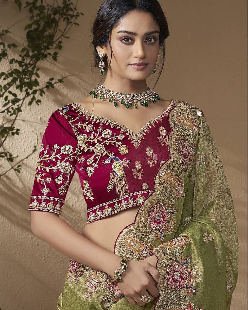 Green embroidered viscose wedding saree with premium embroidered blouse fabric