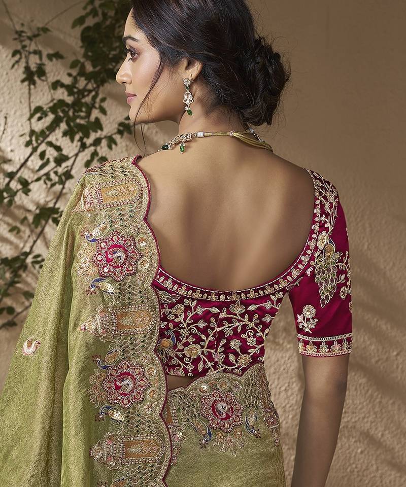 Green embroidered viscose wedding saree with premium embroidered blouse fabric