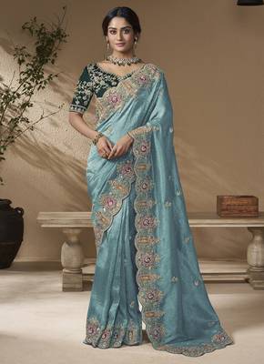 Sky blue embroidered viscose wedding saree with premium embroidered blouse fabric 1