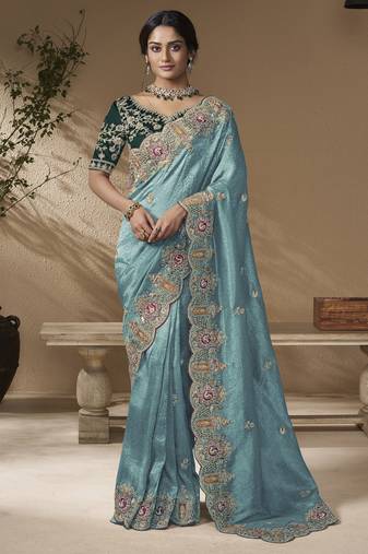 Sky blue embroidered viscose wedding saree with premium embroidered blouse fabric
