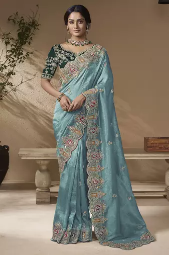 Sky blue embroidered viscose wedding saree with premium embroidered blouse fabric