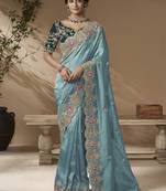 Sky blue embroidered viscose wedding saree with premium embroidered blouse fabric