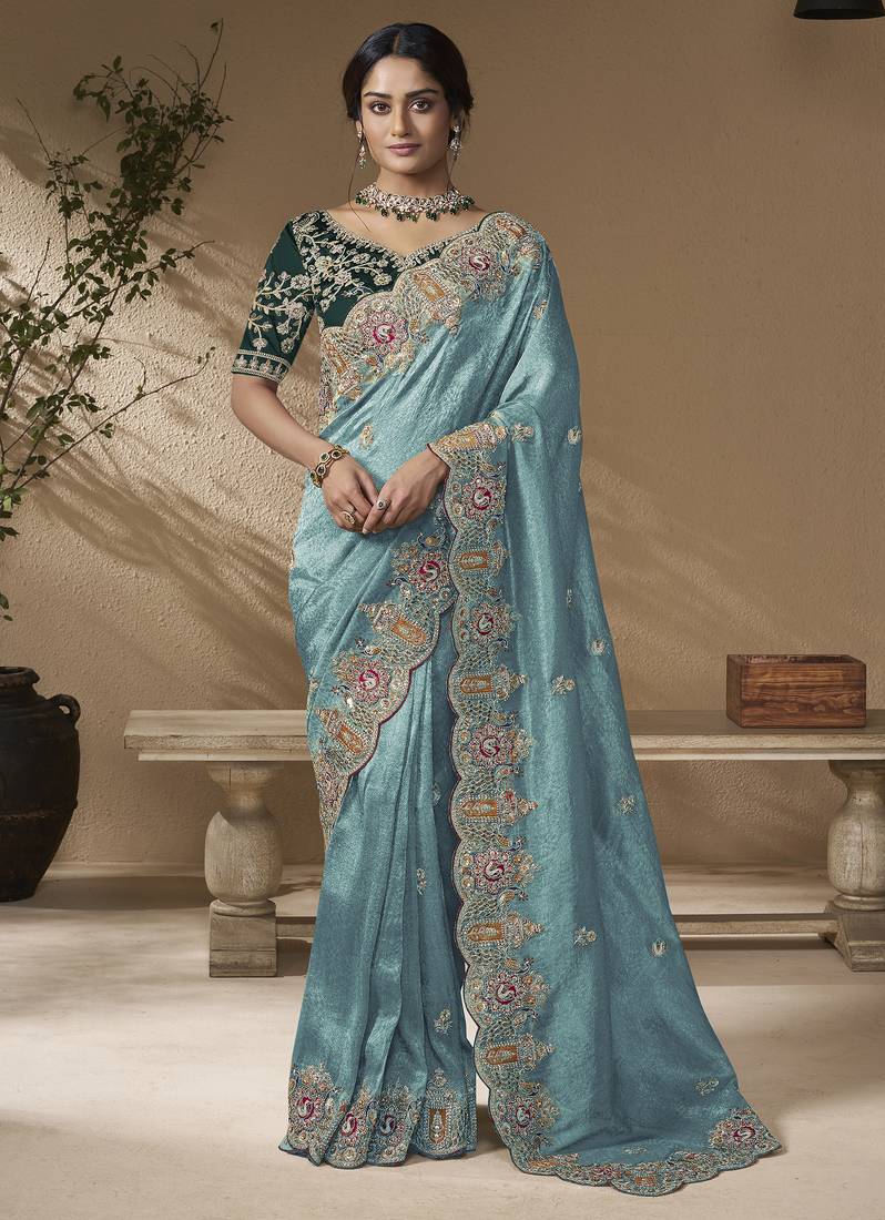 Sky blue embroidered viscose wedding saree with premium embroidered blouse fabric