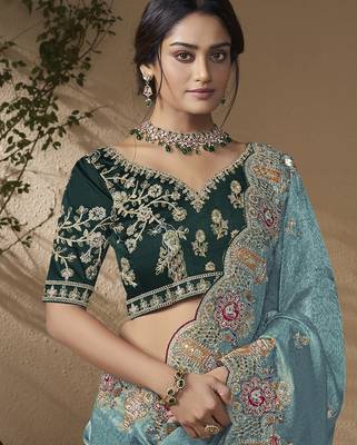Sky blue embroidered viscose wedding saree with premium embroidered blouse fabric 2