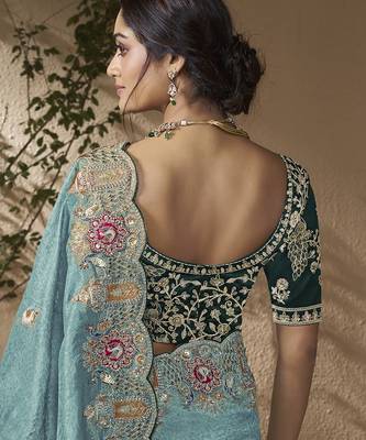 Sky blue embroidered viscose wedding saree with premium embroidered blouse fabric 3