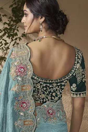 Sky blue embroidered viscose wedding saree with premium embroidered blouse fabric