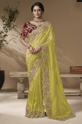 Lemon embroidered viscose wedding saree with premium embroidered blouse fabric