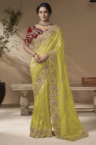 Lemon embroidered viscose wedding saree with premium embroidered blouse fabric