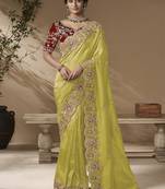 Lemon embroidered viscose wedding saree with premium embroidered blouse fabric