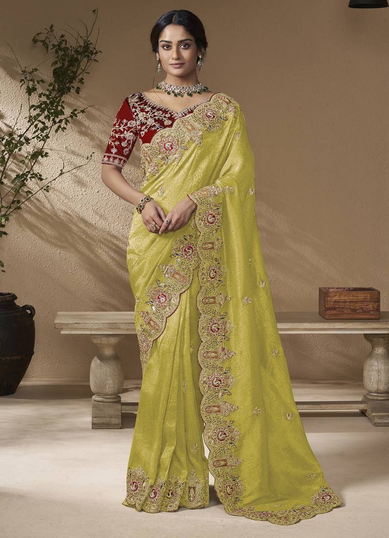Lemon embroidered viscose wedding saree with premium embroidered blouse fabric