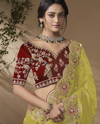 Lemon embroidered viscose wedding saree with premium embroidered blouse fabric 2