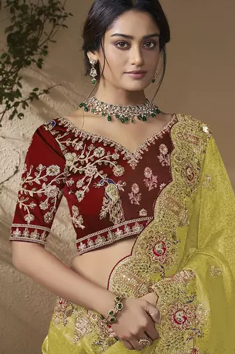 Lemon embroidered viscose wedding saree with premium embroidered blouse fabric
