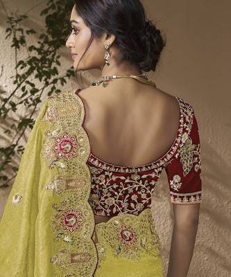 Lemon embroidered viscose wedding saree with premium embroidered blouse fabric 3