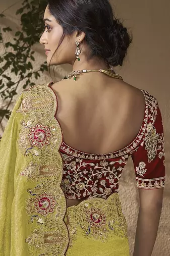 Lemon embroidered viscose wedding saree with premium embroidered blouse fabric