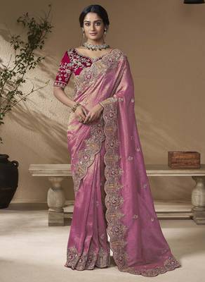 Pink embroidered viscose wedding saree with premium embroidered blouse fabric 1