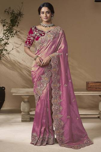 Pink embroidered viscose wedding saree with premium embroidered blouse fabric