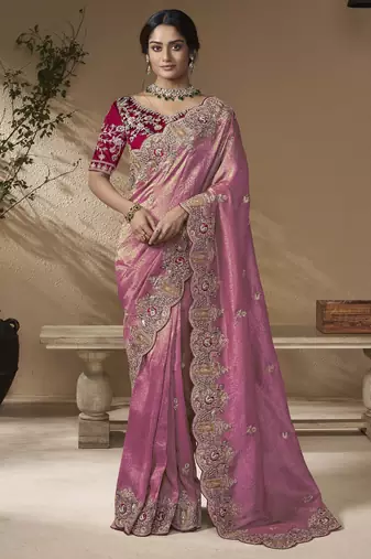 Pink embroidered viscose wedding saree with premium embroidered blouse fabric