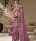 Pink embroidered viscose wedding saree with premium embroidered blouse fabric