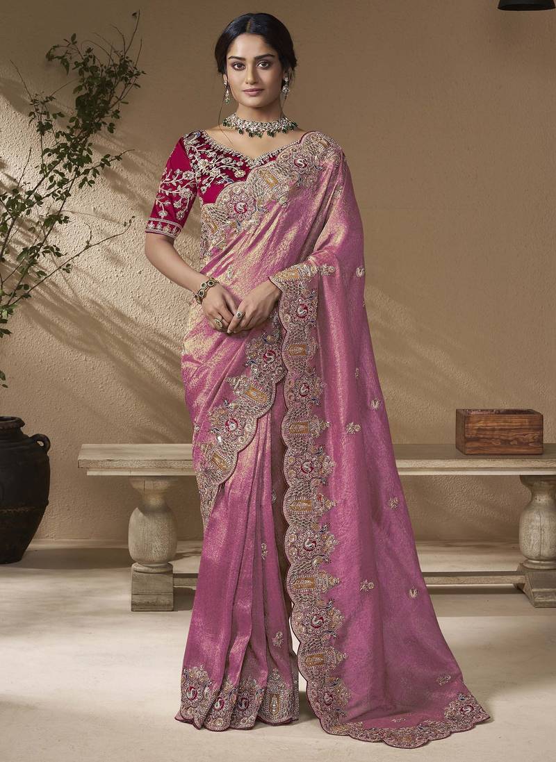 Pink embroidered viscose wedding saree with premium embroidered blouse fabric