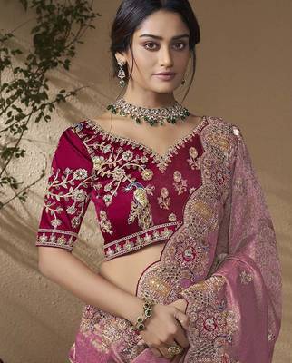 Pink embroidered viscose wedding saree with premium embroidered blouse fabric 2