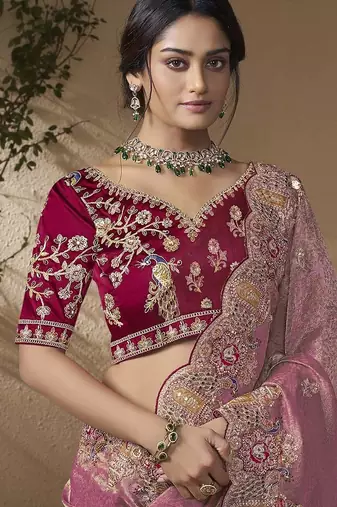 Pink embroidered viscose wedding saree with premium embroidered blouse fabric