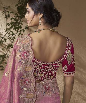 Pink embroidered viscose wedding saree with premium embroidered blouse fabric 3