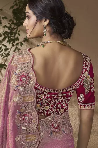 Pink embroidered viscose wedding saree with premium embroidered blouse fabric