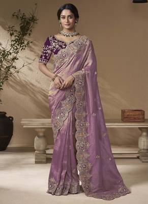 Purple embroidered viscose wedding saree with premium embroidered blouse fabric 1