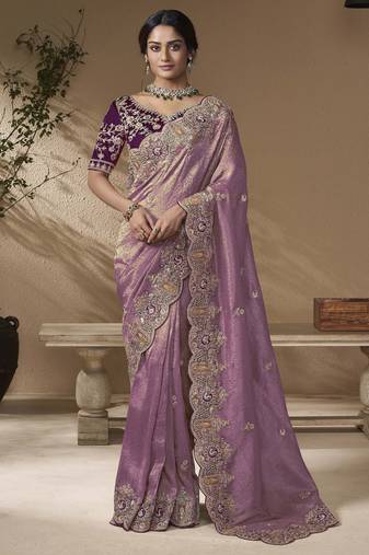 Purple embroidered viscose wedding saree with premium embroidered blouse fabric