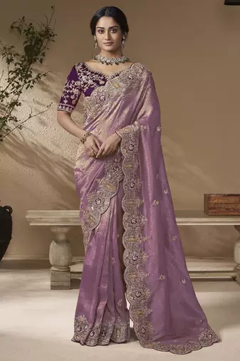 Purple embroidered viscose wedding saree with premium embroidered blouse fabric