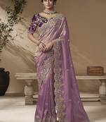 Purple embroidered viscose wedding saree with premium embroidered blouse fabric