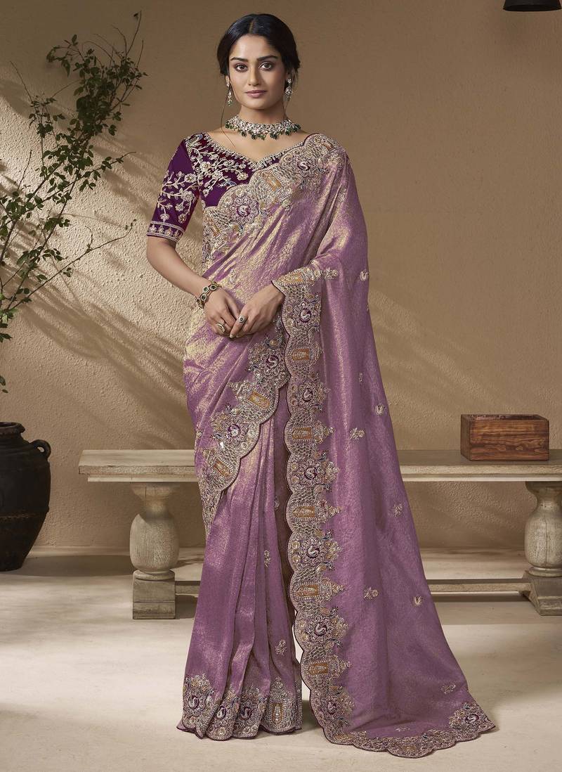 Purple embroidered viscose wedding saree with premium embroidered blouse fabric