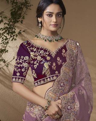 Purple embroidered viscose wedding saree with premium embroidered blouse fabric 2