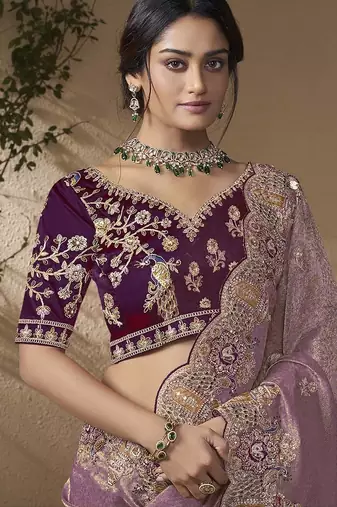 Purple embroidered viscose wedding saree with premium embroidered blouse fabric
