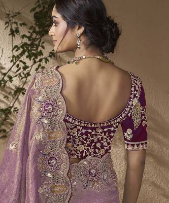 Purple embroidered viscose wedding saree with premium embroidered blouse fabric 3