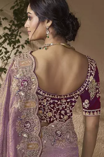 Purple embroidered viscose wedding saree with premium embroidered blouse fabric