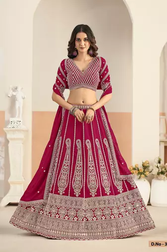 Hot Pink Faux Georgette Embroidered Sequins Work Lehenga Choli Size Up To 48