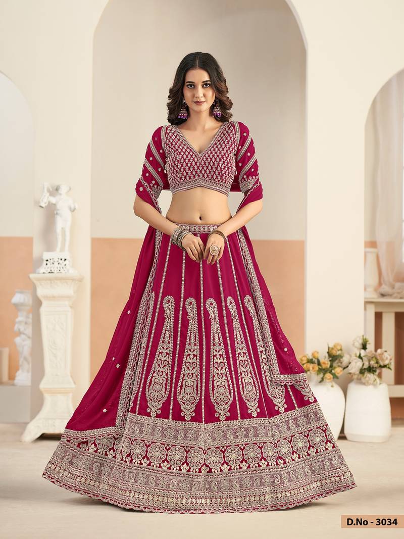 Hot Pink Faux Georgette Embroidered Sequins Work Lehenga Choli Size Up To 48