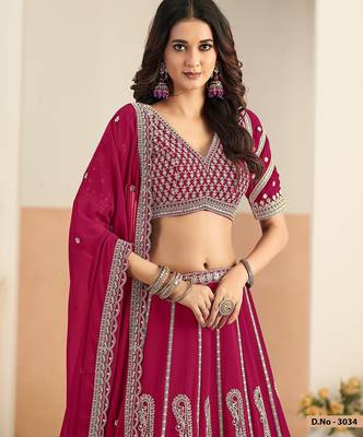 Hot Pink Faux Georgette Embroidered Sequins Work Lehenga Choli Size Up To 48 2
