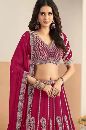 Hot Pink Faux Georgette Embroidered Sequins Work Lehenga Choli Size Up To 48