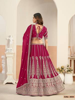 Hot Pink Faux Georgette Embroidered Sequins Work Lehenga Choli Size Up To 48 3