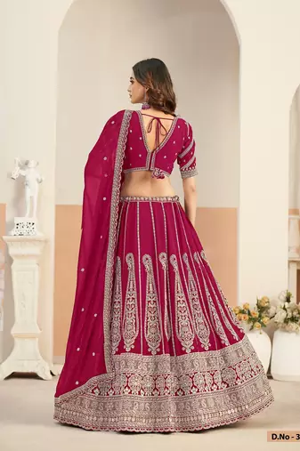 Hot Pink Faux Georgette Embroidered Sequins Work Lehenga Choli Size Up To 48