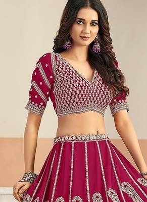 Hot Pink Faux Georgette Embroidered Sequins Work Lehenga Choli Size Up To 48 4