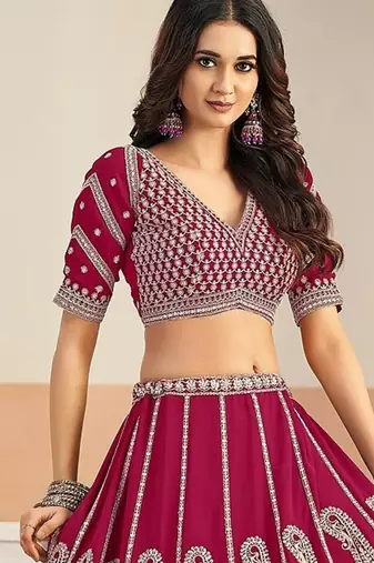 Hot Pink Faux Georgette Embroidered Sequins Work Lehenga Choli Size Up To 48